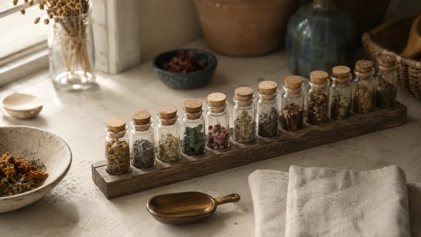 A rack of small corked glass vials and a brass scoop on a dispensary bench