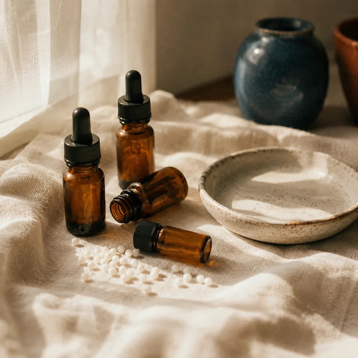 Amber glass dropper bottles and homeopathic pellets on a linen cloth